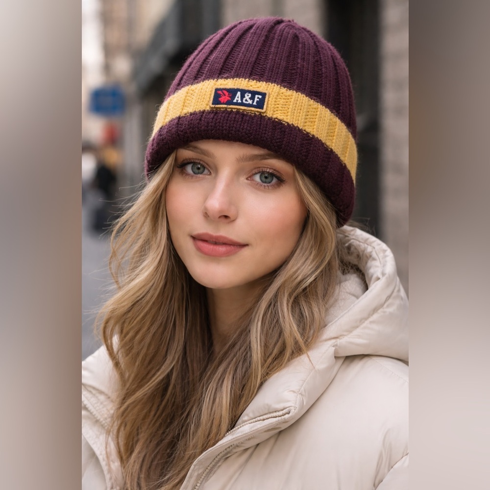 Vintage Abercrombie & Fitch Beanie Hat Fleece Lined Burgundy Yellow A&F Winter